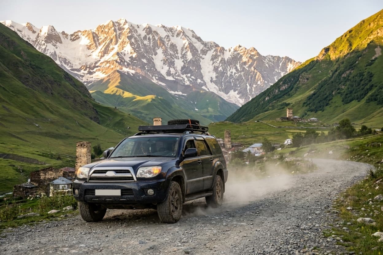 Чёрный Toyota 4Runner едет по гравийной дороге мимо каменных башен у Ушгули в Сванетии, Грузия