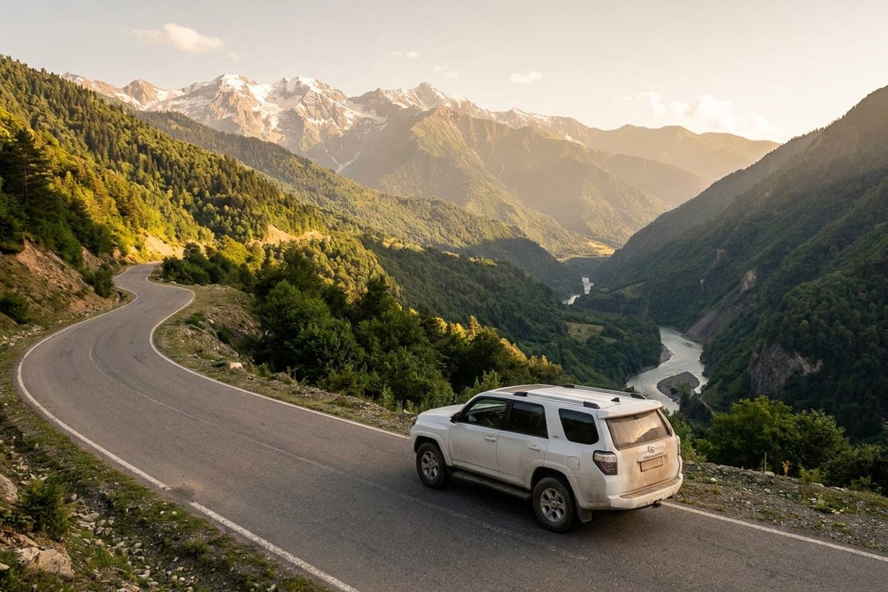 Белый Toyota 4Runner на асфальтированной горной дороге над Ингурским ущельем в Сванетии