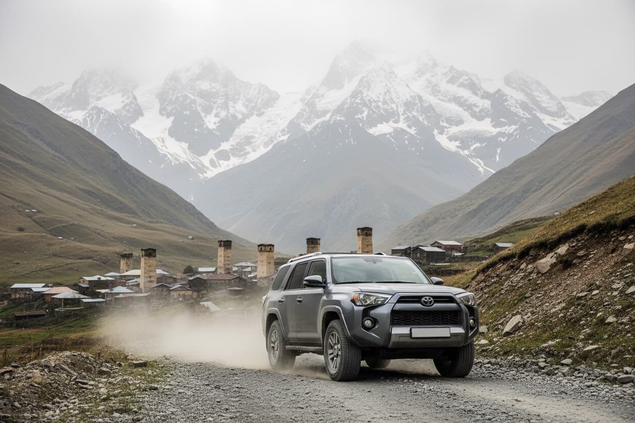 A 4x4 SUV climbing a gravel mountain road in Svaneti, Georgia