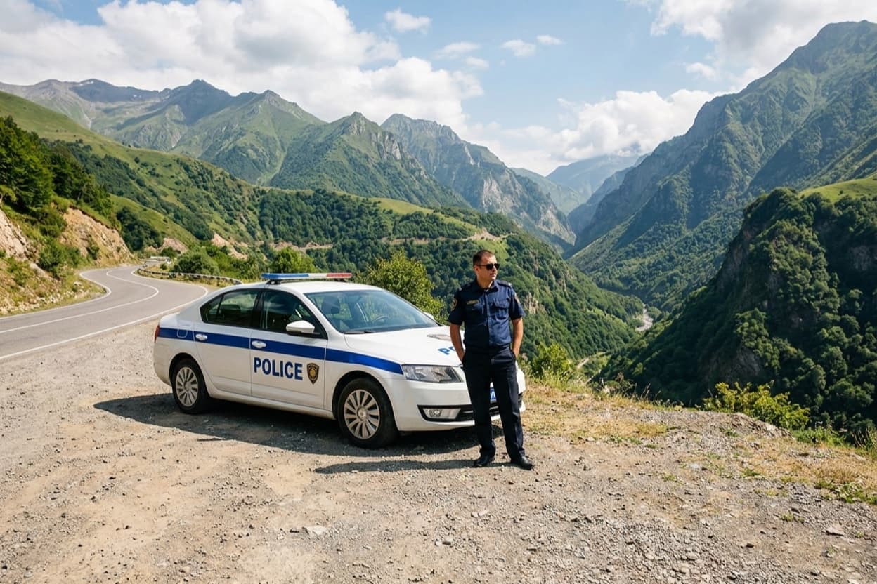 A police patrol car parked at a scenic overlook on a Georgian mountain highway