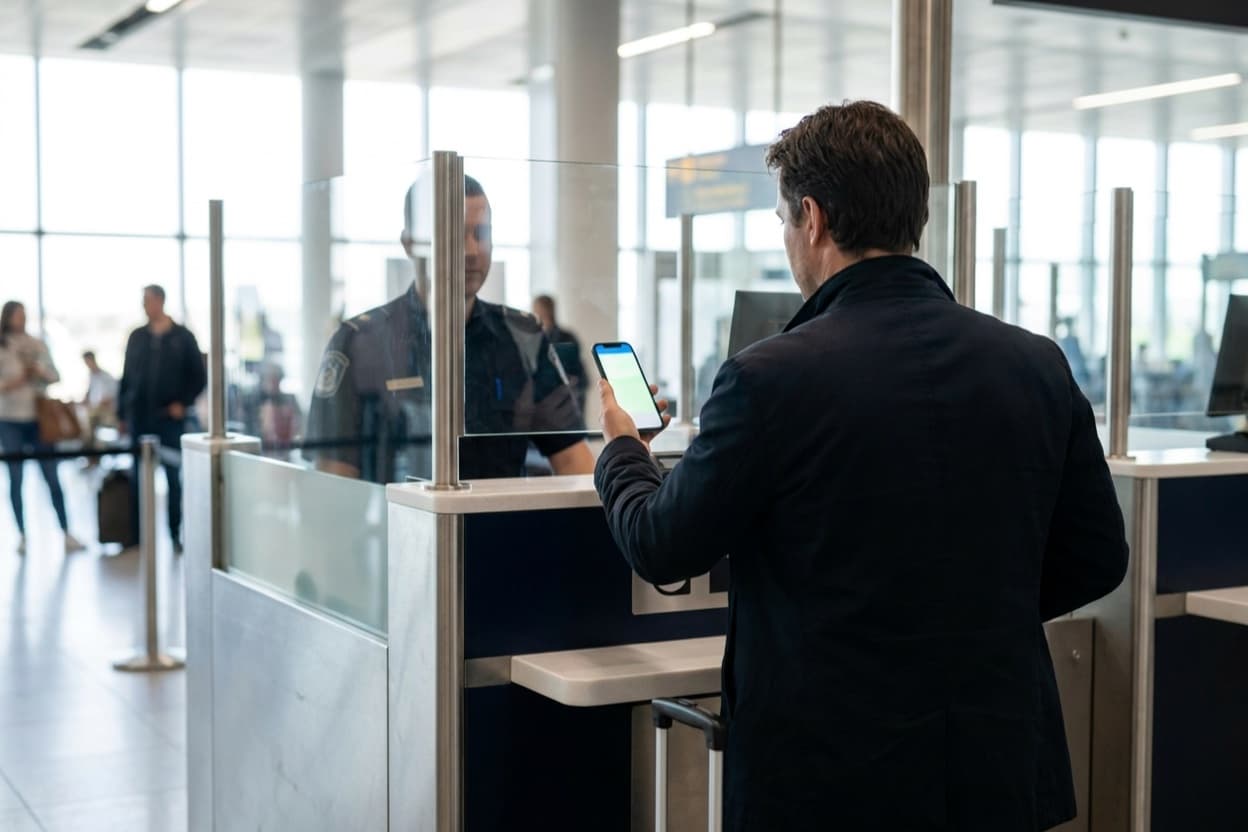 A traveler showing a digital insurance policy on a smartphone at an airport border control desk
