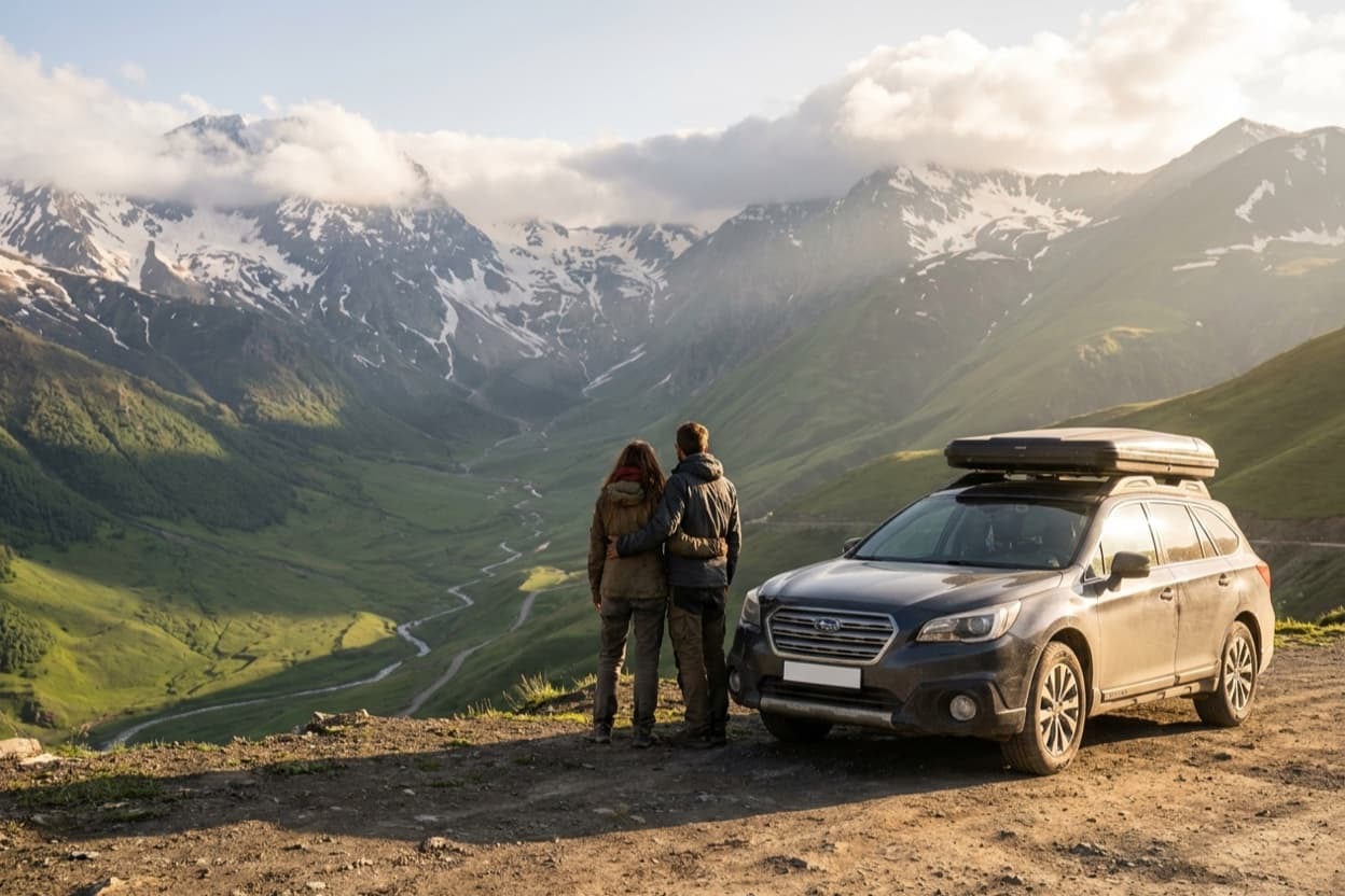 A couple beside their crossover at a remote Caucasus viewpoint overlooking a vast green valley